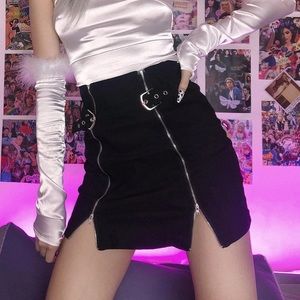 Black Double Zipper Mini A-line Skirt